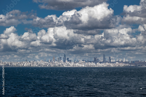 Panoramic landscape big modern city sea shore blue sky white clouds on sunny day, Istanbul, Türkiye