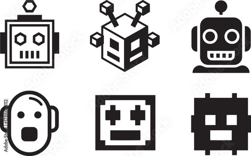 Various robot head icons displaying artificial intelligence concepts machine learning and humanoid automation technology.