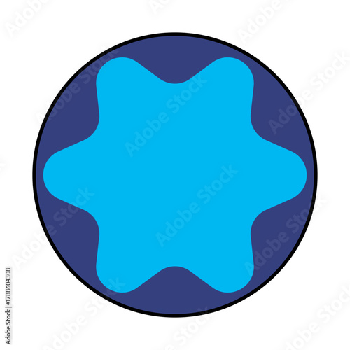 Abstract rounded six-pointed star in a dark blue circle emblem