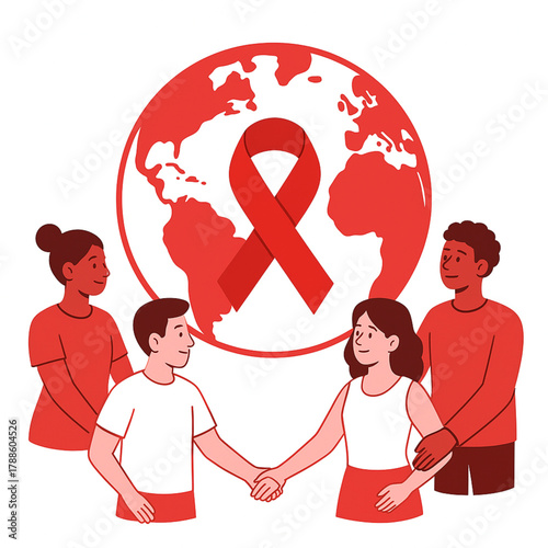 This illustration features a diverse group of people standing together, symbolizing unity and community. They are positioned below a large symbol of the Red Ribbon overlaid on a globe, representing 
