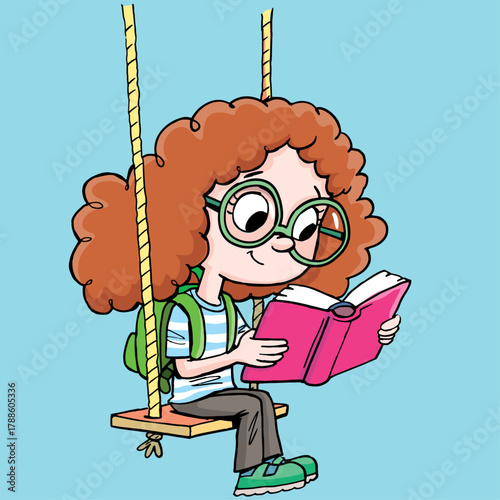 girl with glasses sits on a swing and reads a book2.eps