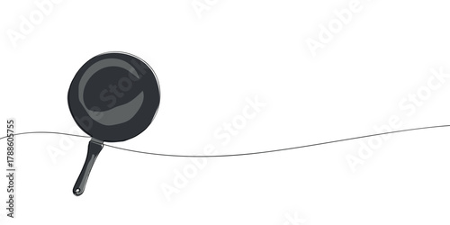 One line drawing of a black frying pan with handle on white background. Minimal continuous line art for kitchen, cooking, and restaurant design with copy space