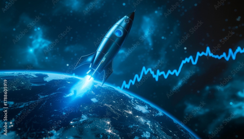 Fototapeta premium A futuristic rocket ship soaring above the Earth, with a rising financial graph overlayed, representing growth and innovation