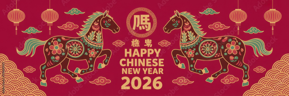 Obraz premium Happy Chinese New Year 2026. Gold horse zodiac and lanterns, cloud on red background. Card design invitation or greeting. Lunar calendar animal. Translation Happy new year, Year of the horse. Vector.