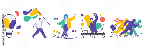 Business success icons set with teamwork, innovation, leadership, and achievement illustrations in modern flat line art style