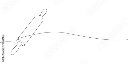 One line drawing of a rolling pin on white background. Minimal continuous line art for kitchen, baking, pastry, and cooking design with copy space