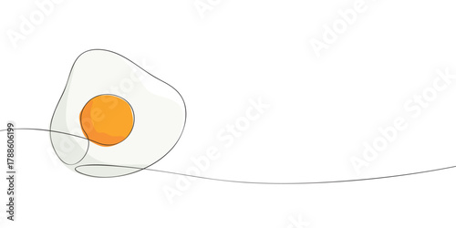 Continuous one line drawing of a fried egg. Minimal vector illustration of breakfast food with yolk and white on white background. Cooking and morning meal concept with copy space