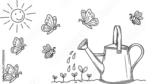 Doodle sketch of spring garden elements butterflies, bees, watering can, sprouts, and sunshine, fresh line vector