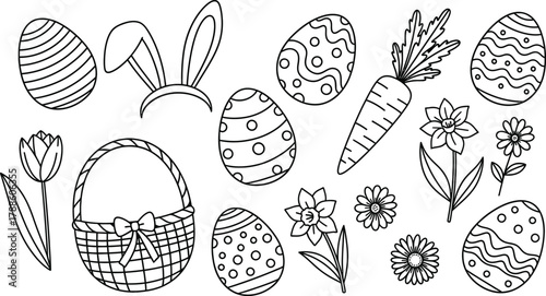 Easter holiday doodles eggs, bunny ears, carrots, basket, and spring flowers, cute black outline vector