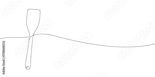 One line drawing of a kitchen spatula isolated on white background. Minimal continuous line illustration of cooking utensil for frying, baking, and restaurant design