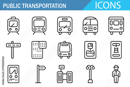 Set of public transportation line icons. Includes metro, bus, tram, ticket, station, stop, seat, and traffic symbols. Perfect for city transit, travel apps, urban mobility, and transportation design p