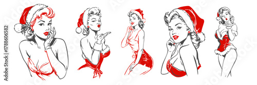Vintage Christmas pin-up girl illustrations in red festive outfits — retro holiday art collection