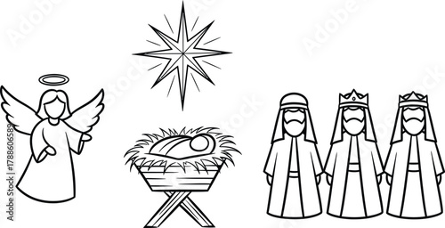 Doodle sketch of nativity scene symbols star, angel, manger, and three wise men icons, simple line art