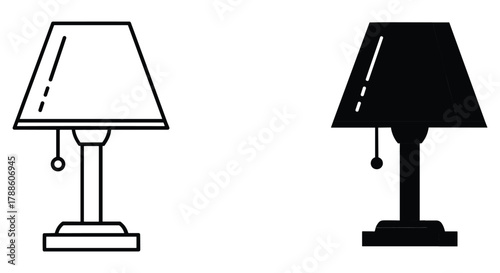 Table lamp icon set: modern desk lighting fixture with lampshade, outline and solid silhouette vector illustration.