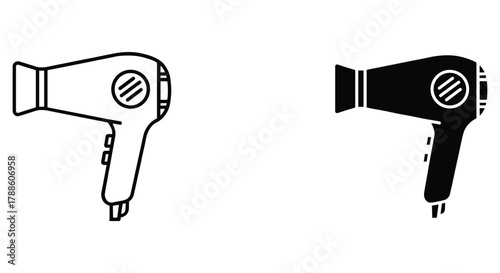 Hair dryer icon set featuring outlined and filled versions, symbolizing styling, beauty, and personal care.