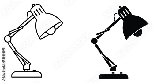 Adjustable desk lamp line art and silhouette icon set, task light symbol for office, study, and workspace