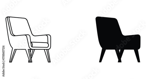 Modern armchair vector icon set with line art and silhouette design for furniture, interior, and home decor concepts