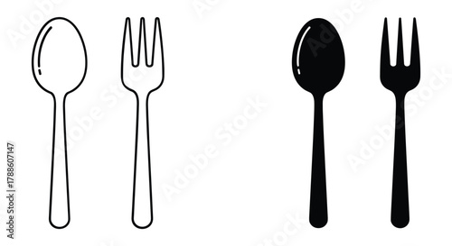 Iconic outlines and bold silhouettes of dinnerware, featuring a spoon and a fork, essential cutlery designs.