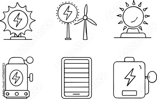 Renewable energy icons, solar power, wind turbine, battery, hand-crank generator, electricity sources, eco technology, vector set illustration