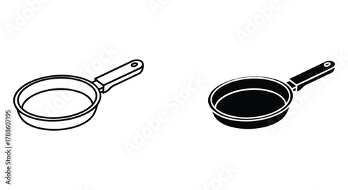 Frying pan line art and silhouette icon vector. kitchen cookware symbol, flat bottom cooking utensil graphic representation.