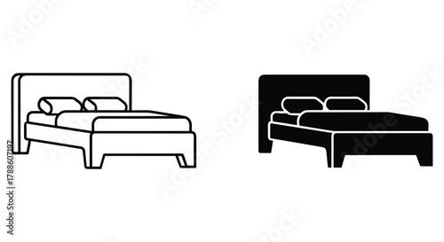Bed icon set featuring a modern bedroom furniture outline and a solid silhouette, representing comfort and rest