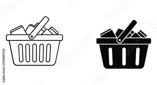 Shopping basket icon with goods, outline and glyph styles. retail purchase cart filled with products vector symbol.