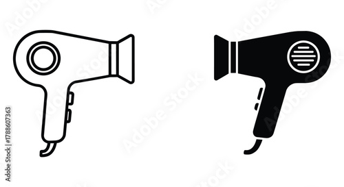 Hair dryer outline and solid vector icons representing modern styling, beauty, and personal grooming appliances