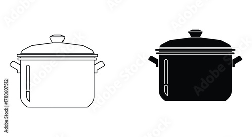 Cooking pot icon set featuring a detailed outline and a solid black silhouette of a essential kitchen utensil.
