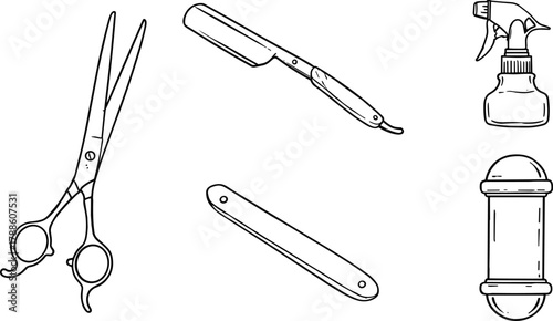 Barber icons, scissors, straight razor, spray bottle, barber pole, grooming tools, hair cutting equipment, vector set illustration