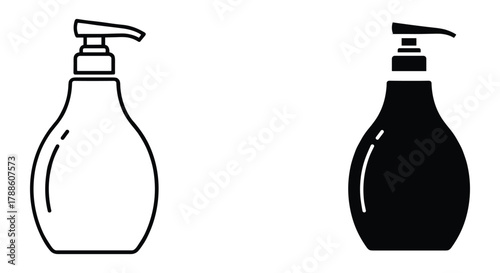 Soap or lotion dispenser bottle icon, line art and solid filled vector symbol for hygiene and cosmetic product.