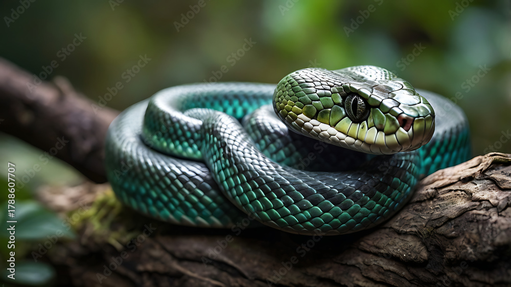 Fototapeta premium Vivid Green Tree Viper Coiled on a Branch in a Lush Tropical Forest