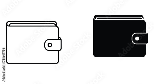 Wallet icon set featuring modern line art and solid glyph styles for financial management and payment applications.