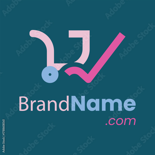Pink shopping cart checkmark logo blue