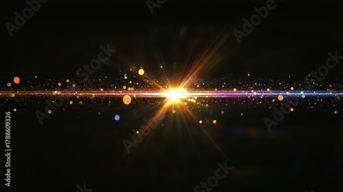 Light rays beaming from bright star creating lens flare on dark background