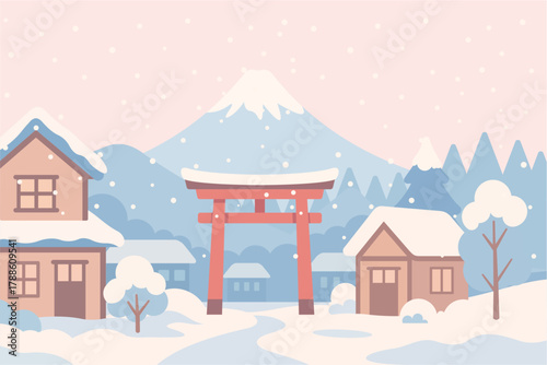 Snowy Japanese Village with Torii Gate and Mount Fuji – Pastel Modern Flat Design Illustration