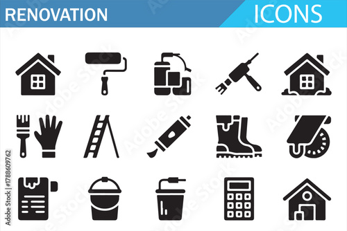 Set of renovation and home improvement icons. Includes tools, brushes, ladders, gloves, construction boots, paint rollers, and calculators. Perfect for repair, DIY, and building design themes.