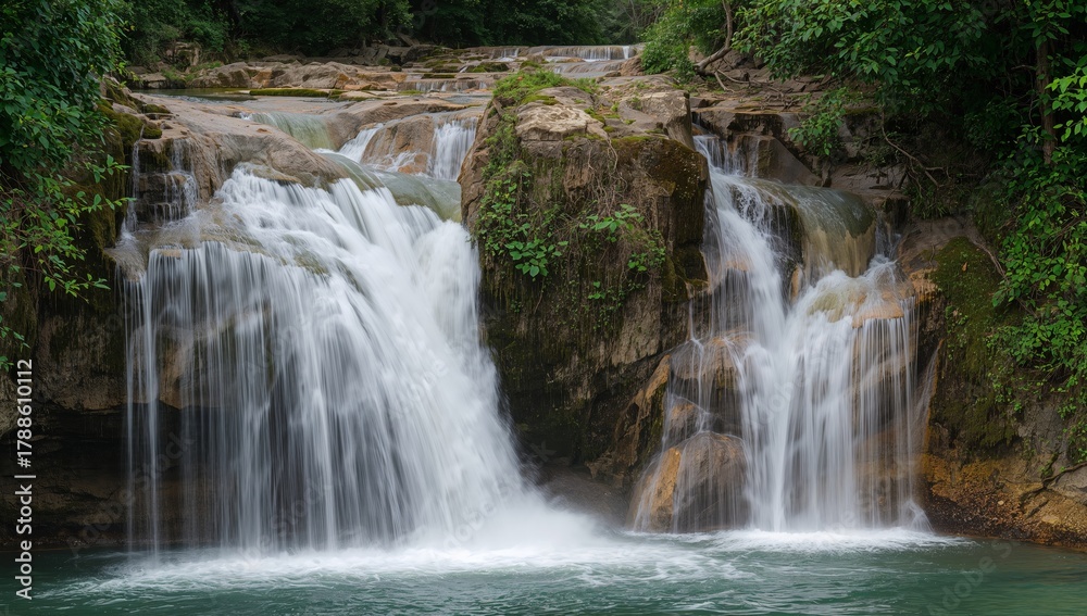 Fototapeta premium Cascading Serenity. A Vision of Water and Stone in Lush, Verdant Surroundings.