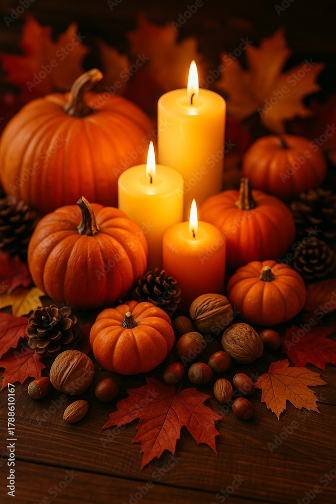 Fototapeta premium Pumpkins and candles with nuts and autumn leaves still life