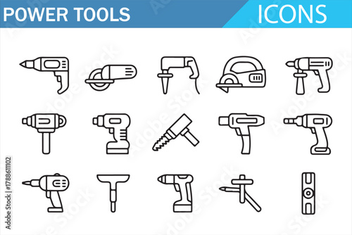 Construction and Carpentry Equipment Line Icons — Vector Illustration