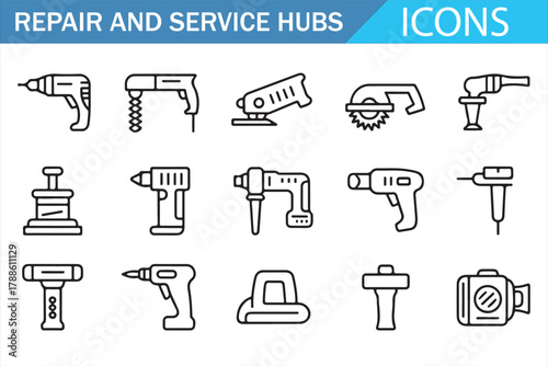 Set of Linear Power Tool Icons Including Drill, Saw, Sander, Grinder, and Wrench Symbols for Construction, Carpentry, and DIY Projects — Modern Outline Design Collection
