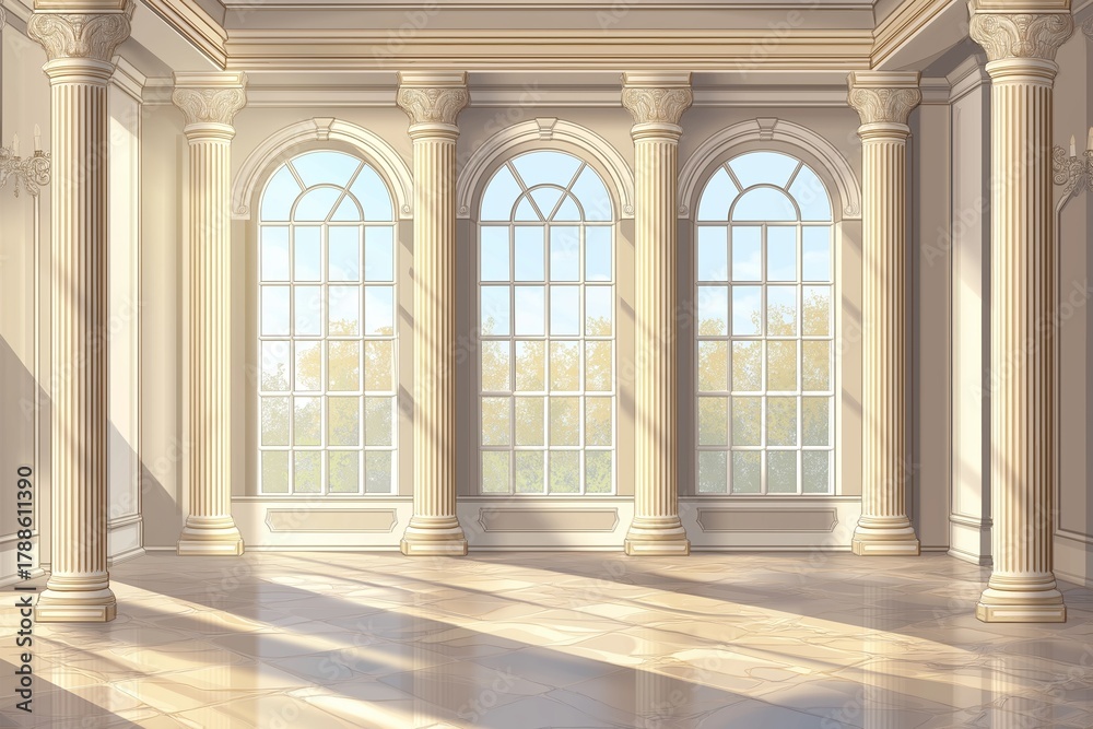 Naklejka premium Grand hall with large windows in palace or castle, surrounded by lush greenery