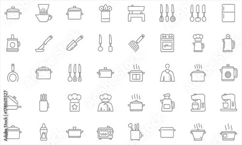 Collection of 48 thin line icons for cooking, kitchen utensils, and chef symbols. A vector graphic set for culinary concepts and food preparation