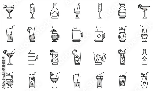 A collection of drink and beverage line icons. Vector symbols of cocktails, coffee, juice, and glasses for graphic design on a white background