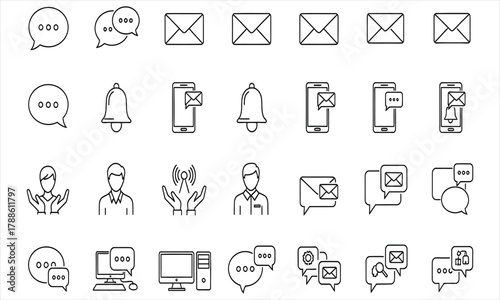 Communication icons social media, email, chat bubbles, notifications, and user interaction symbols