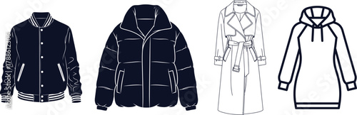 Collection of Four Outerwear Garments and a Hoodie on White Background bomber jacket puffer jacket