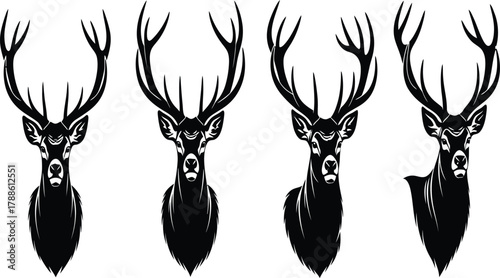 Four elegant deer heads, each with unique antlers, are depicted in a monochrome illustration, showcasing the beauty of nature