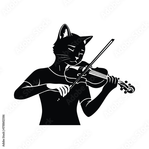 Artistic black silhouette of a cat person playing the violin silhouette