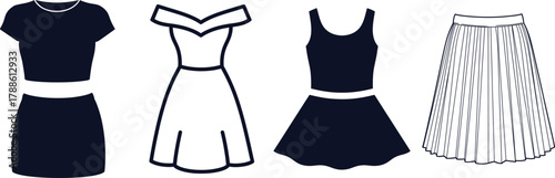 Dark Blue and White Silhouettes of Tops, Skirts, and Dresses on White Background t-shirt crop top