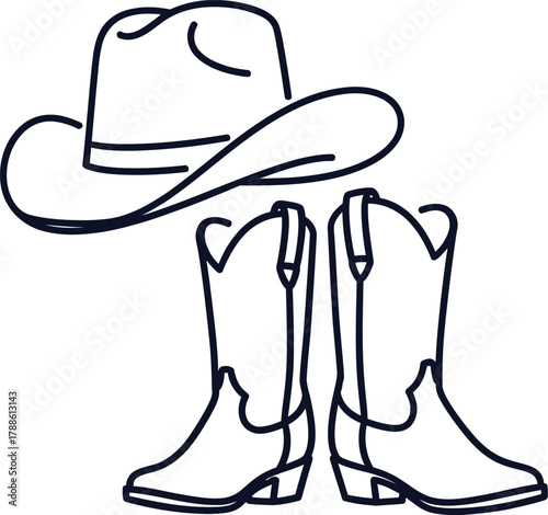 Cowboy Hat and Boots Outline Icon Set on White Background western wear country music
