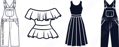 Dark blue denim overalls and a pleated dress with ruffled top dungarees jumpsuit